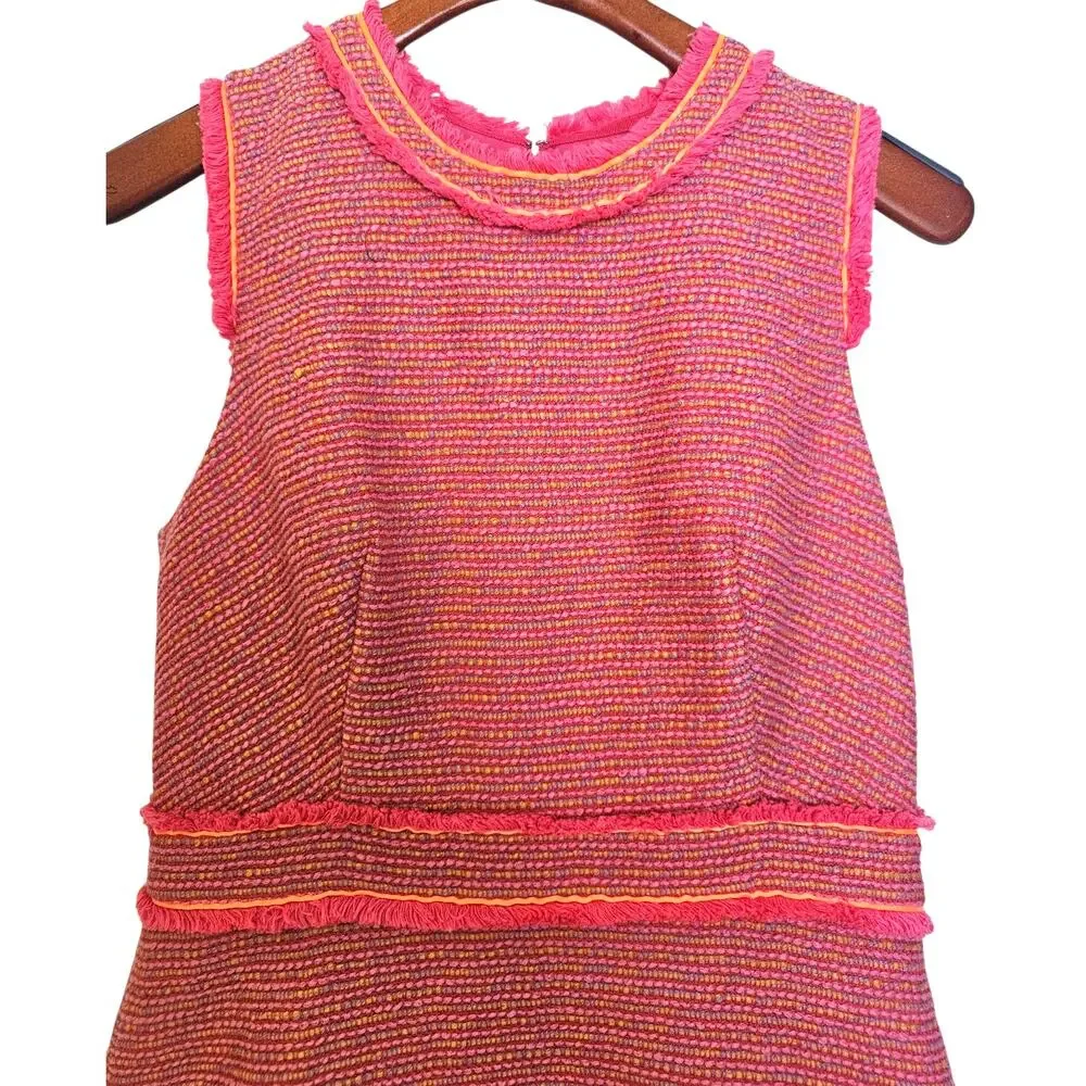 J. Crew Tweed Fringe Neon Pink Preppy Sleeveless Dress
